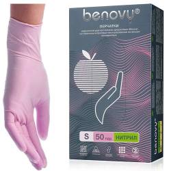Нитриловые Розовые перчатки "BENOVY" S 100шт (50пар)